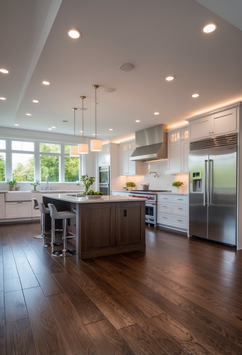 A modern kitchen with dark oak hardwood flooring, white cabinets, a large island, and stainless steel appliances.