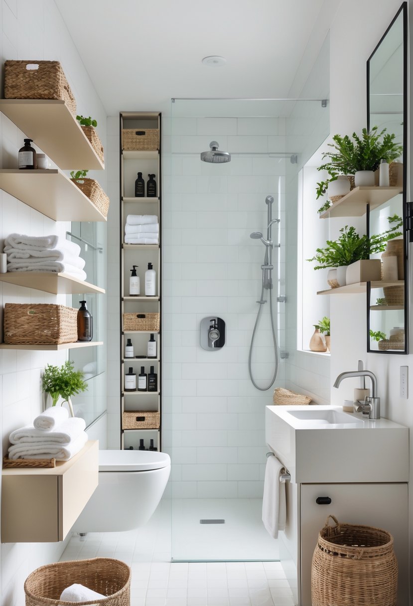 A modern bathroom with various storage solutions including shelves, cabinets, racks, and baskets neatly organizing towels, toiletries, and accessories.