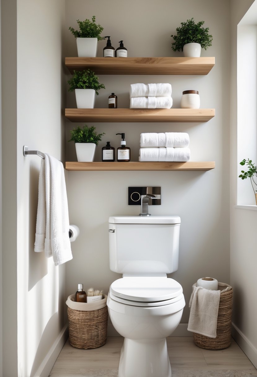 A bathroom with floating wooden shelves installed above the toilet holding towels, plants, and toiletries.