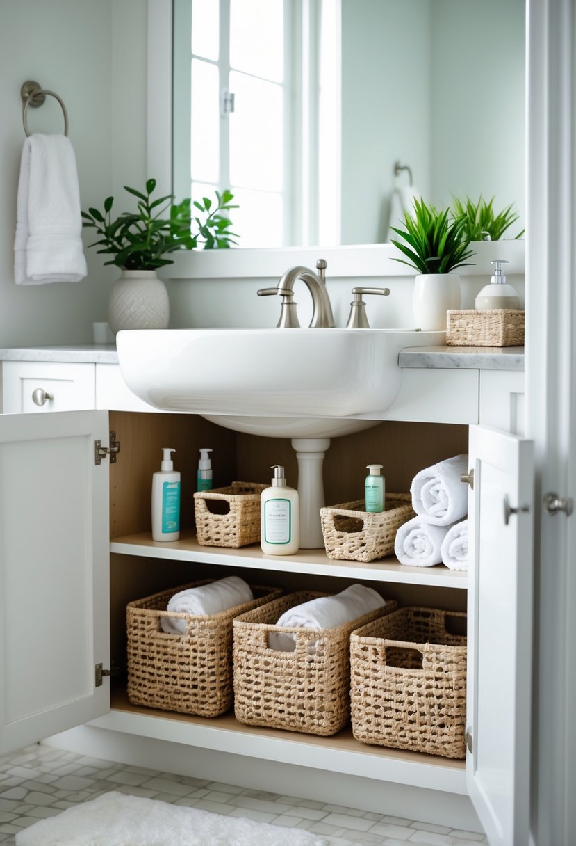 Bathroom vanity with open cabinet showing decorative baskets organizing toiletries under the sink.
