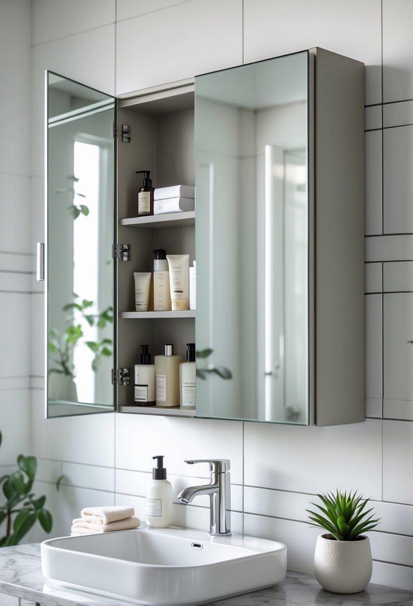 A bathroom with a medicine cabinet with mirrored doors above a sink, showing organized shelves with toiletries inside.