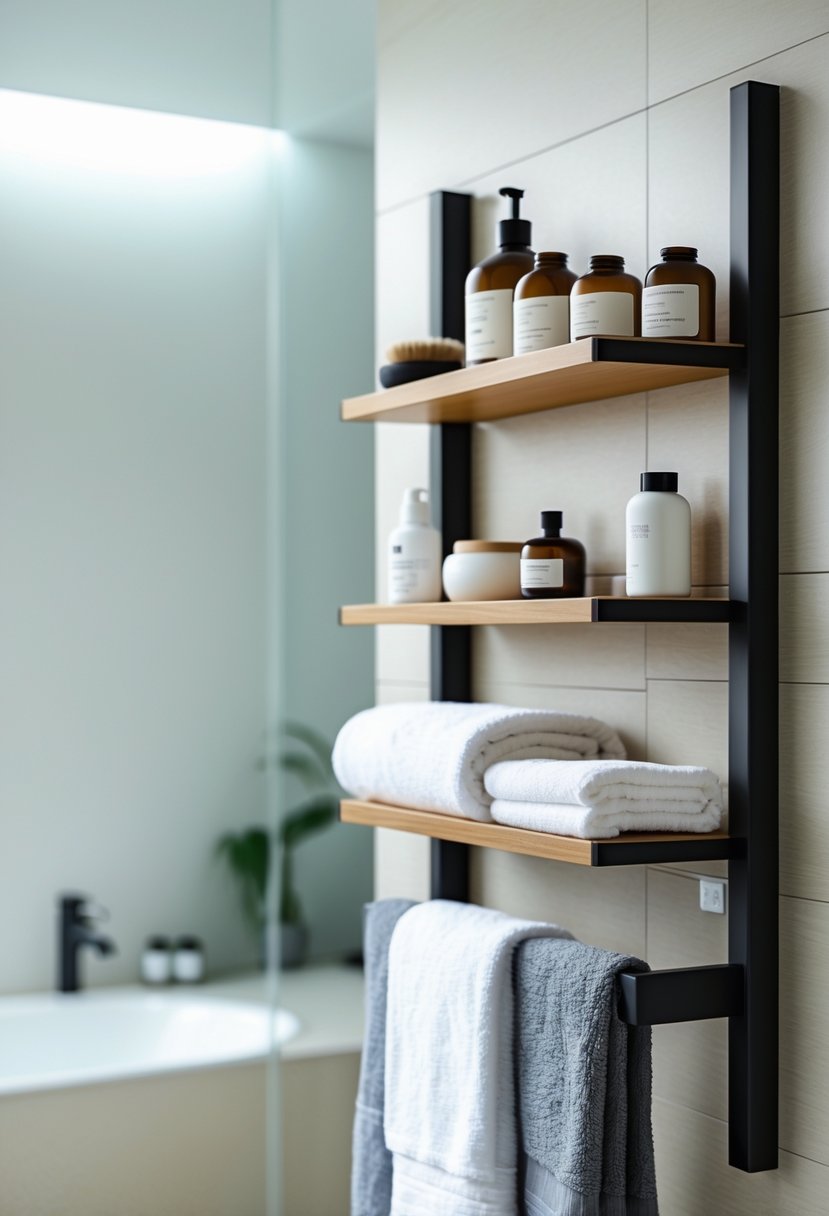A bathroom wall with a mounted towel rack holding folded towels and small bathroom items on shelves.