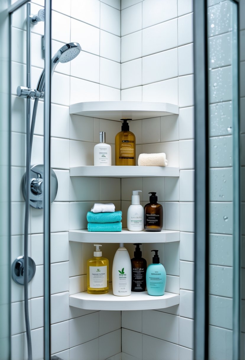 A shower with corner shelves holding soaps and shampoo bottles inside a clean bathroom.
