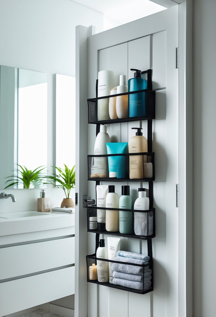 A bathroom door with an over-the-door organizer holding toiletries and towels, next to a vanity with a sink and mirror.