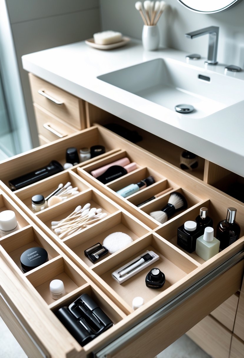 Open bathroom drawer with neatly organized small items separated by dividers.