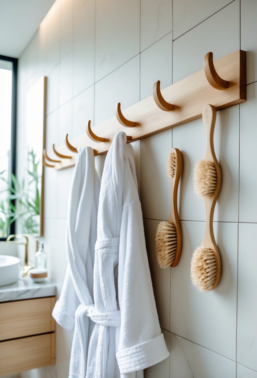 A bathroom wall with wooden hooks holding white robes and brushes, next to a vanity with a marble countertop.