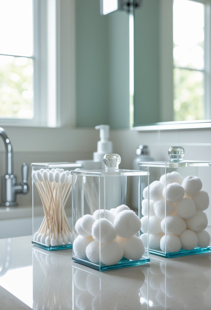 Clear acrylic containers holding cotton swabs and cotton balls on a bathroom countertop with a sink and faucet in the background.