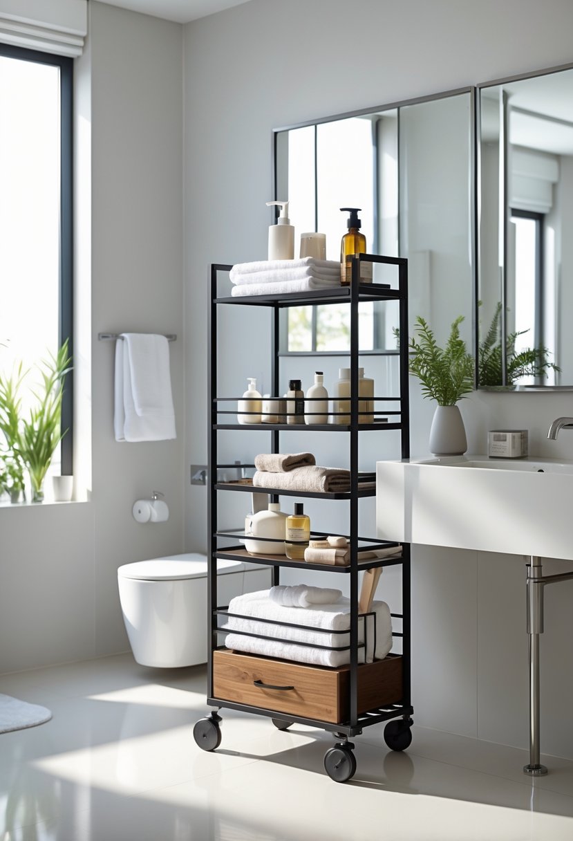 A bathroom with a rolling storage cart next to a vanity, holding towels and toiletries.