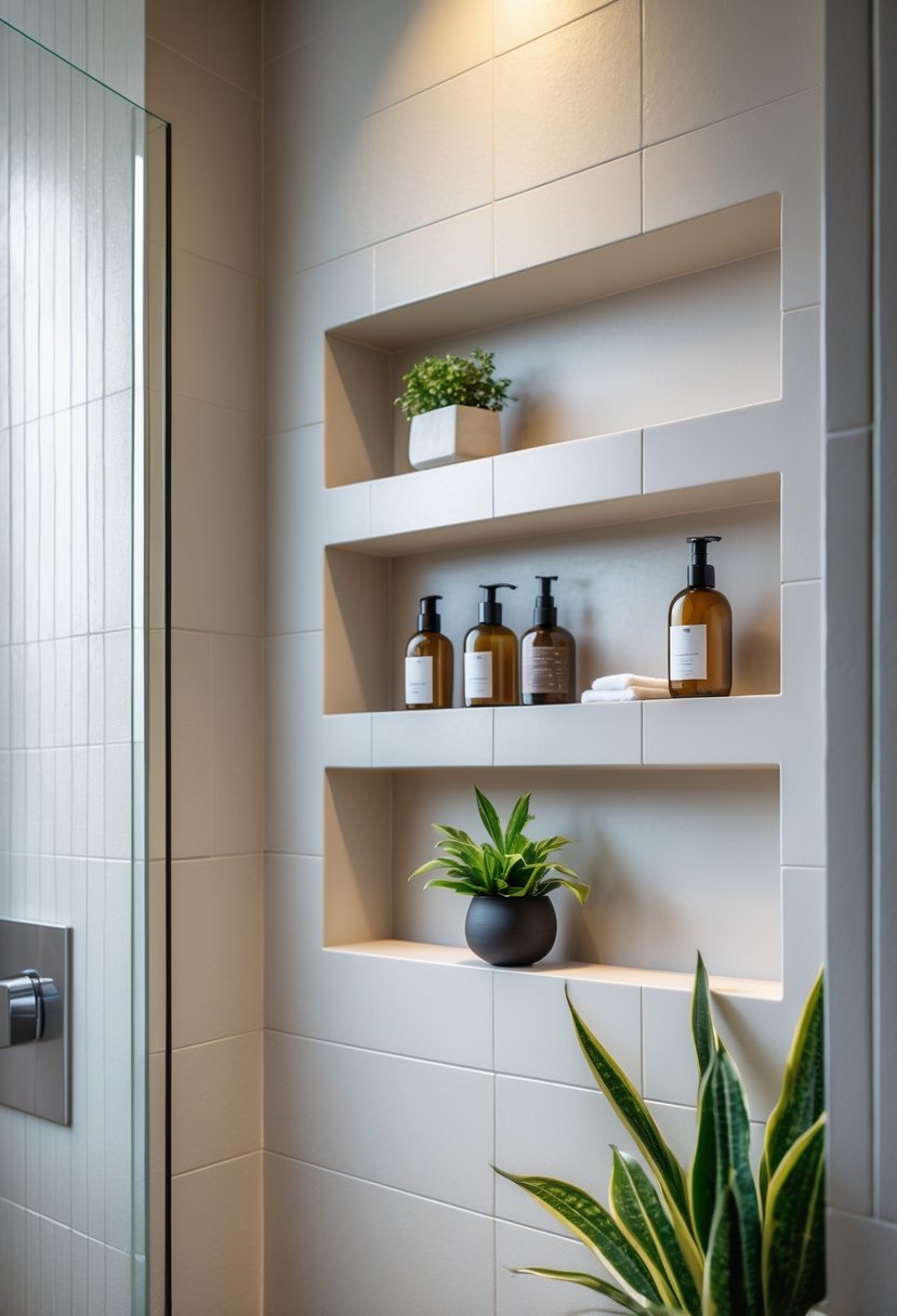 A shower with built-in recessed shelves holding toiletries and a small plant.