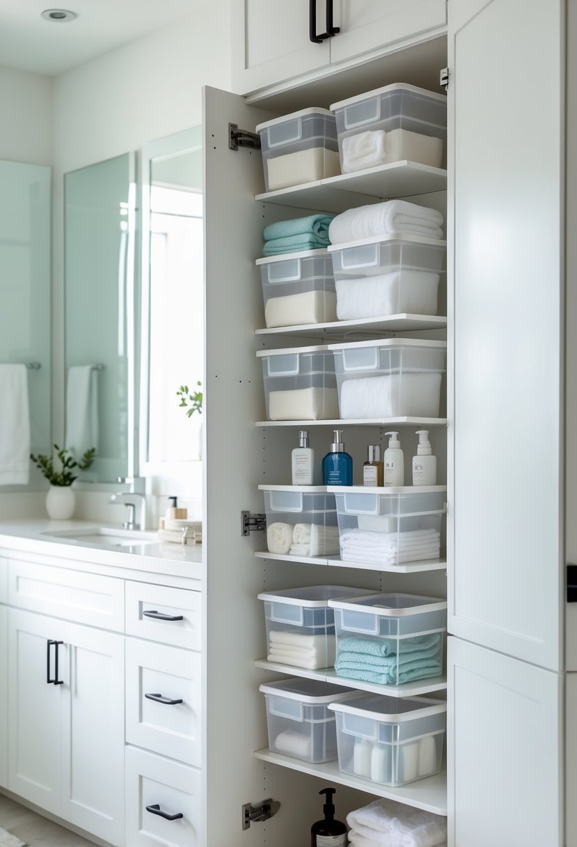 Open bathroom cabinet with neatly stacked storage bins holding towels and toiletries.