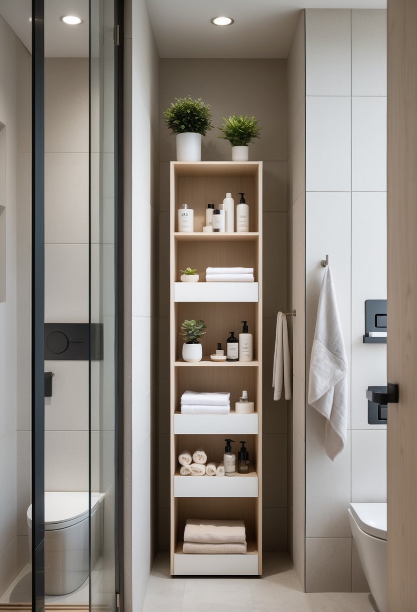 A slim storage tower placed between bathroom fixtures and walls, holding towels and toiletries in a clean bathroom.