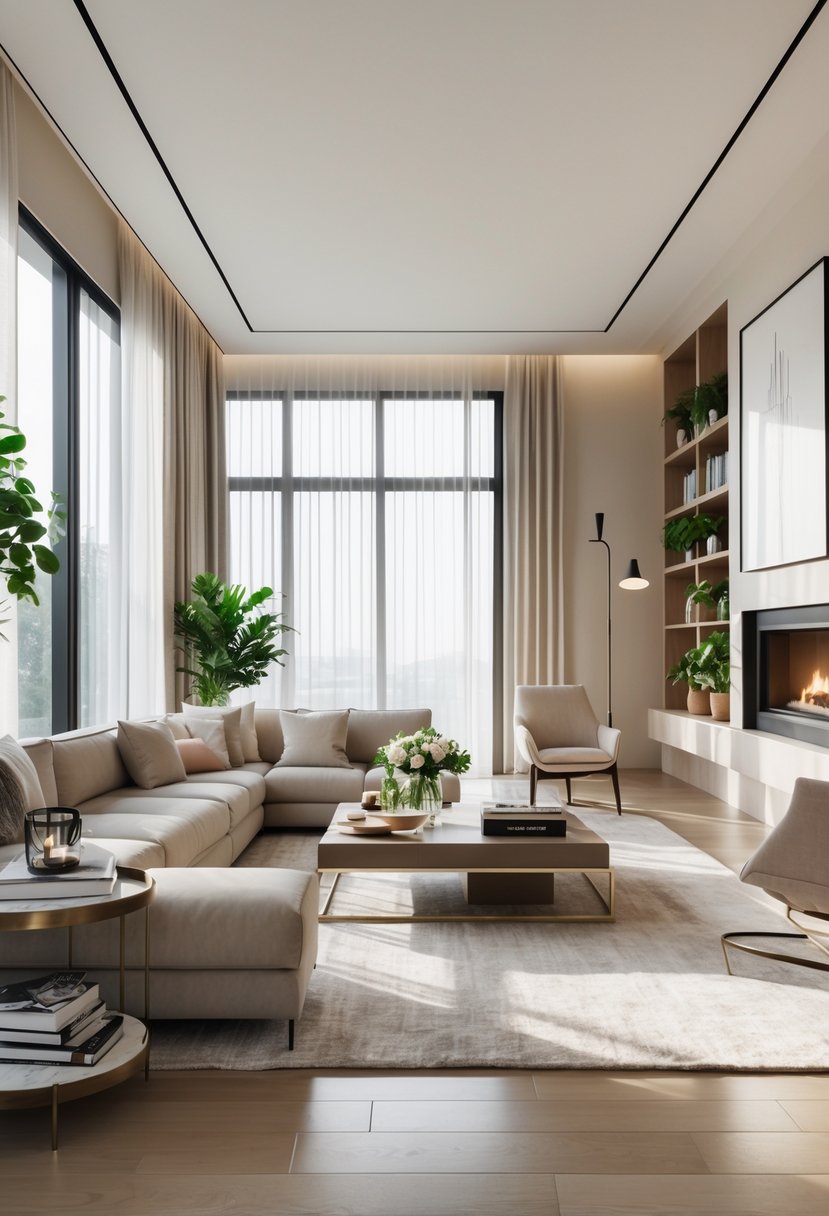 A bright living room with a sofa, coffee table, large windows, indoor plants, and a fireplace.