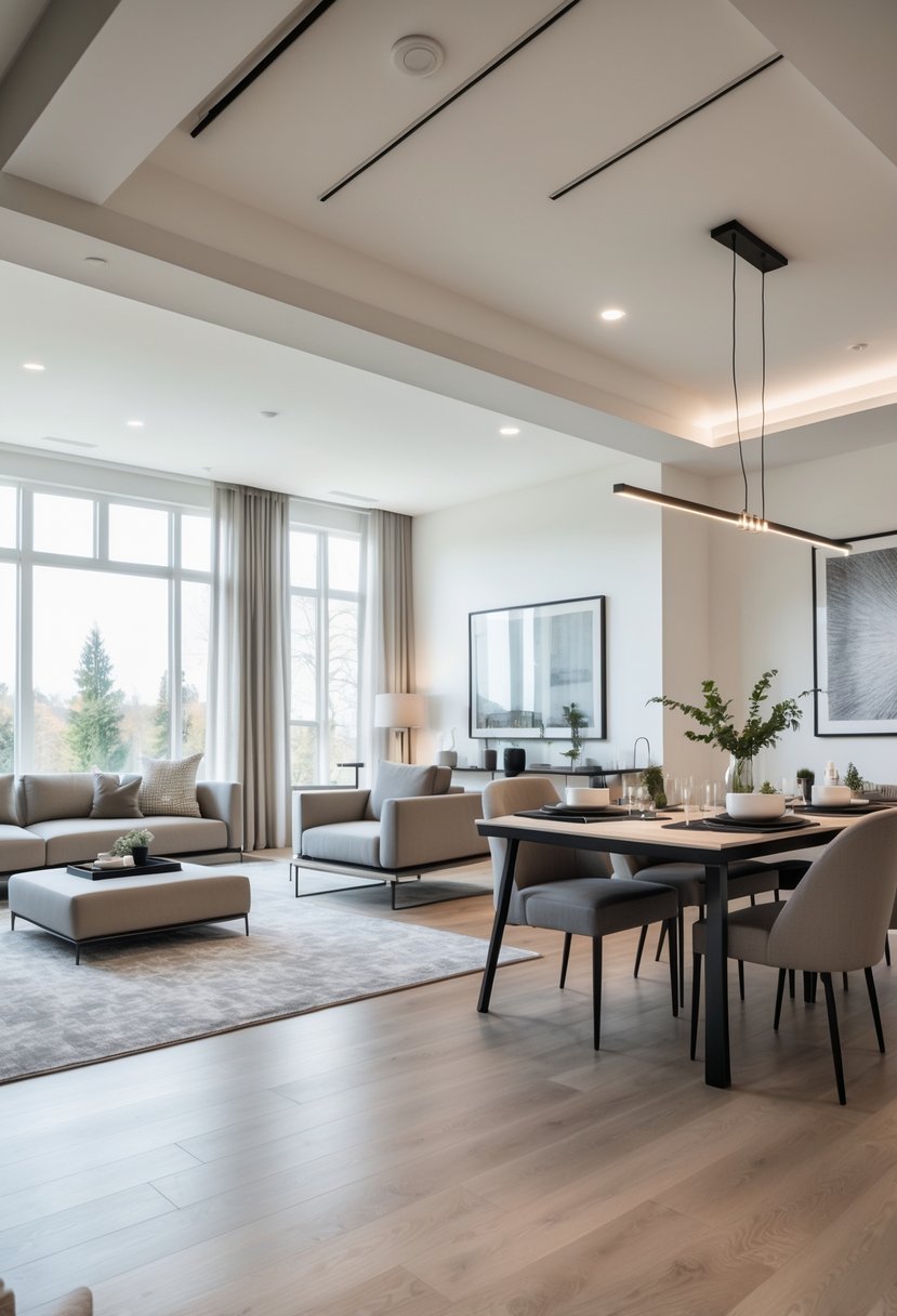 An open floor plan showing a living room with a sofa and armchairs next to a dining area with a table and chairs, all illuminated by natural light from large windows.