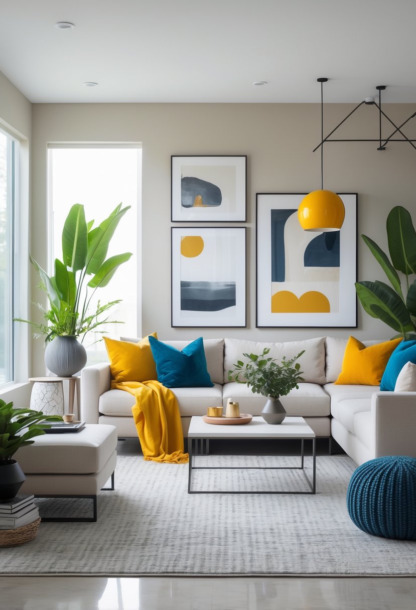 A modern living room with a neutral color scheme and bright accent colors, featuring a sofa, coffee table, plants, and large windows letting in natural light.