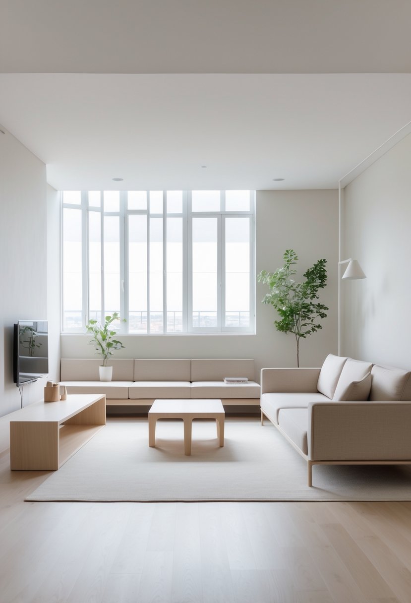 A bright living room with a neutral sofa, wooden coffee table, floor lamp, and a potted plant near large windows.