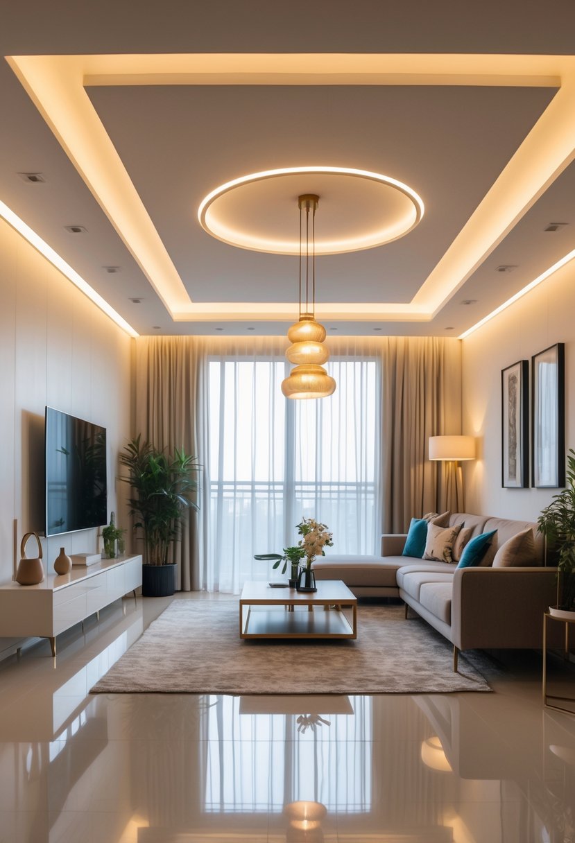 A modern living room with a sofa, coffee table, plants, and layered lighting from recessed ceiling lights and pendant fixtures.