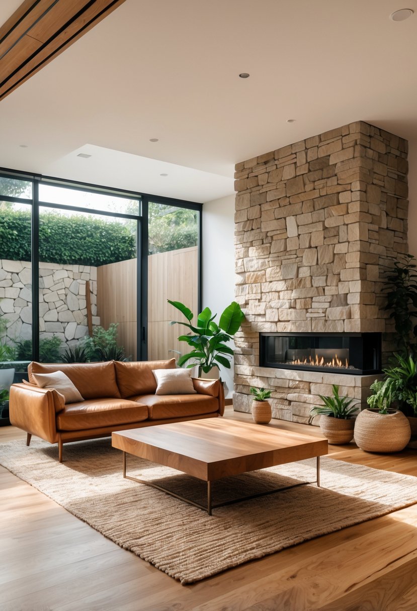 A modern living room with a wooden floor, stone accent wall, leather sofa, and large windows letting in natural light.