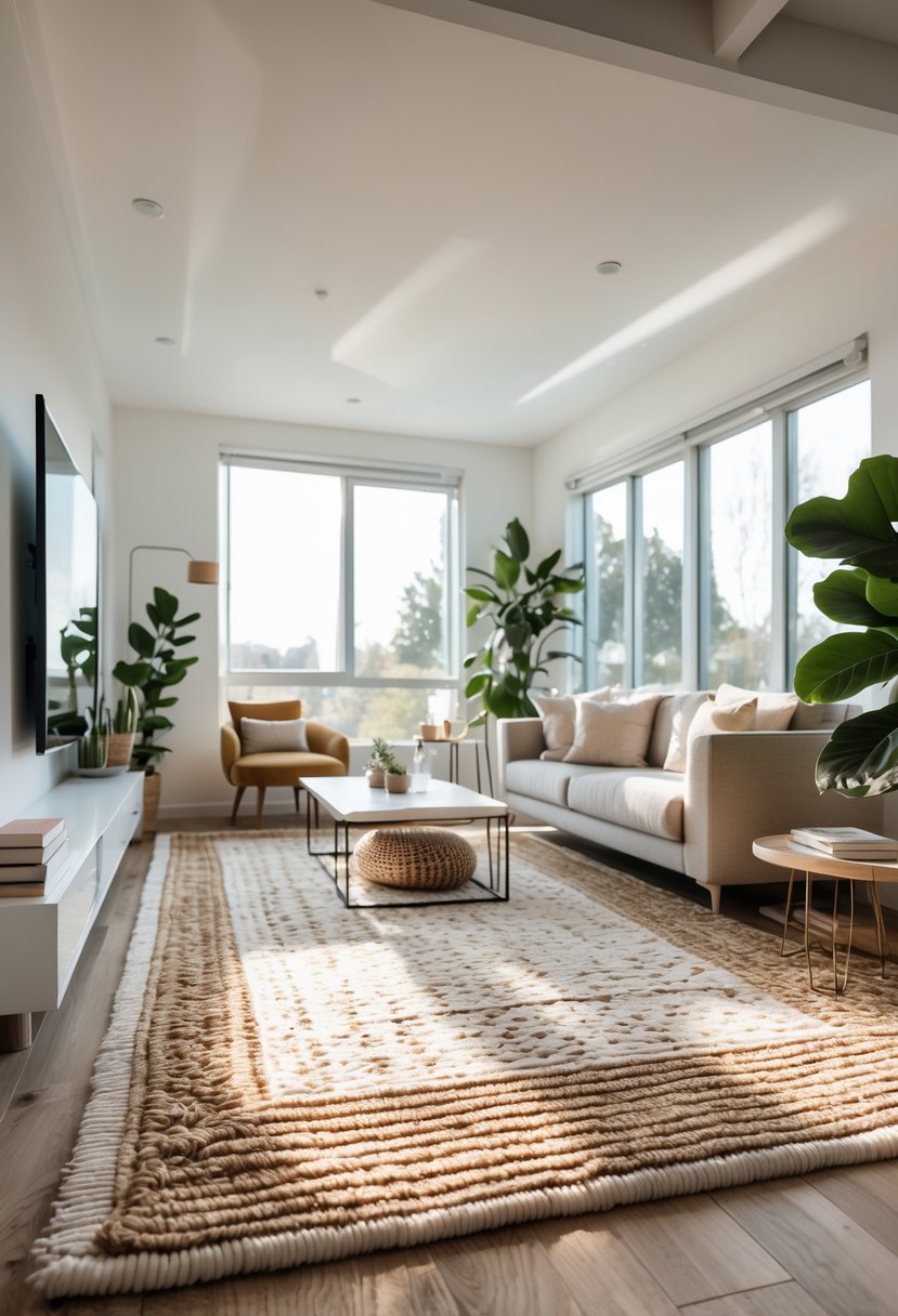 A modern living room with a sofa, coffee table, indoor plants, and textured rugs on the floor.