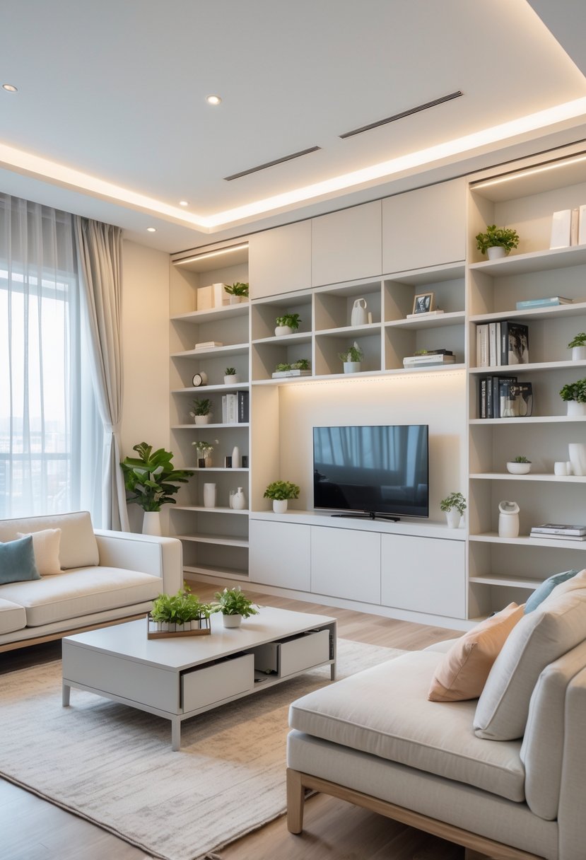 A modern living room with built-in shelves and cabinets featuring smart storage solutions, a sofa, coffee table, large windows, and natural light.