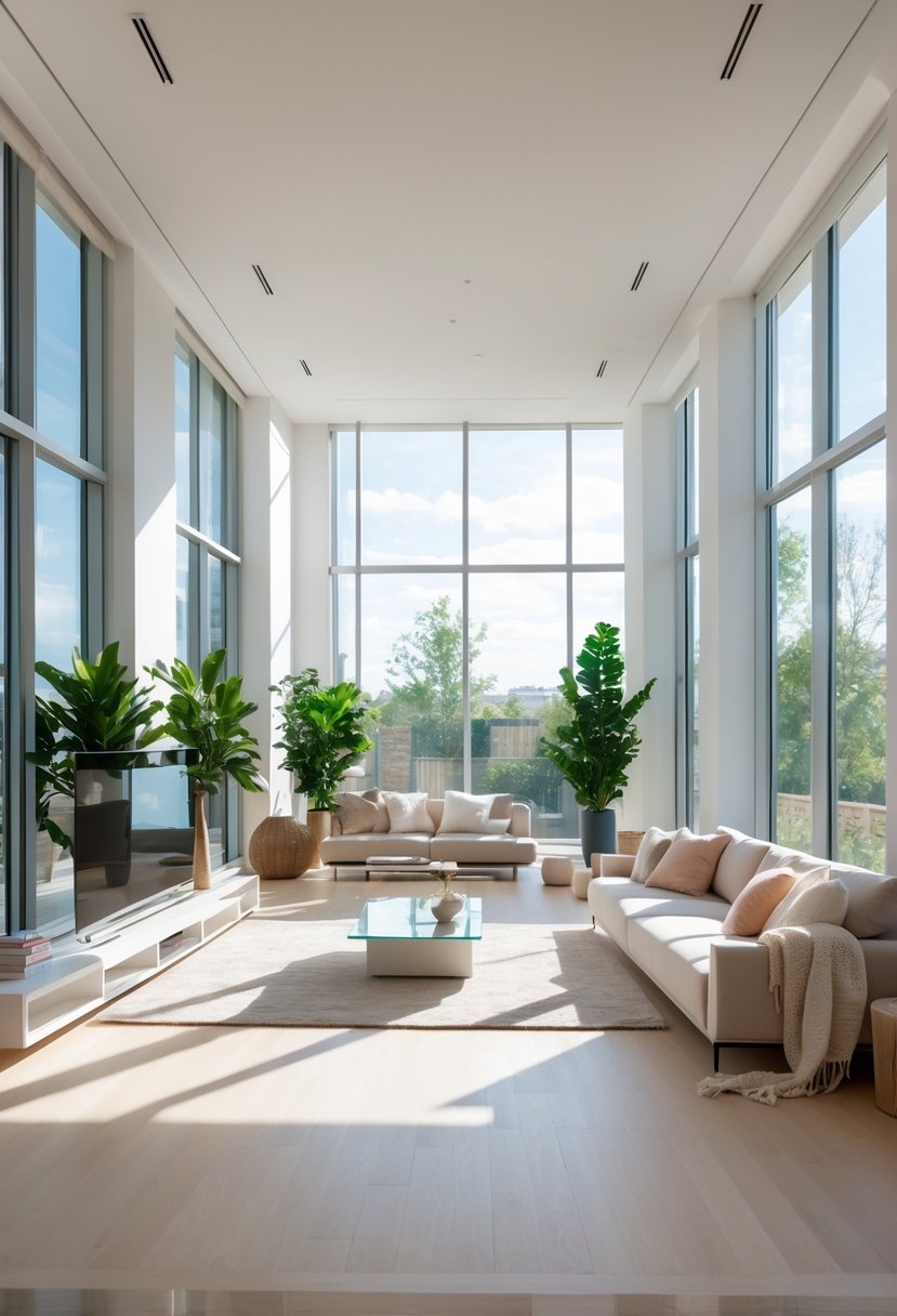 A bright living room with large windows letting in natural light, furnished with a sofa, coffee table, and plants.