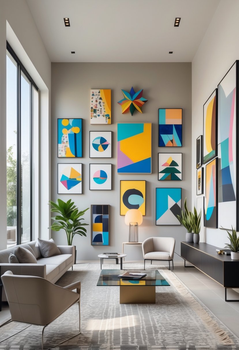 A spacious living room with modern furniture and multiple colorful art pieces displayed on the walls and shelves.