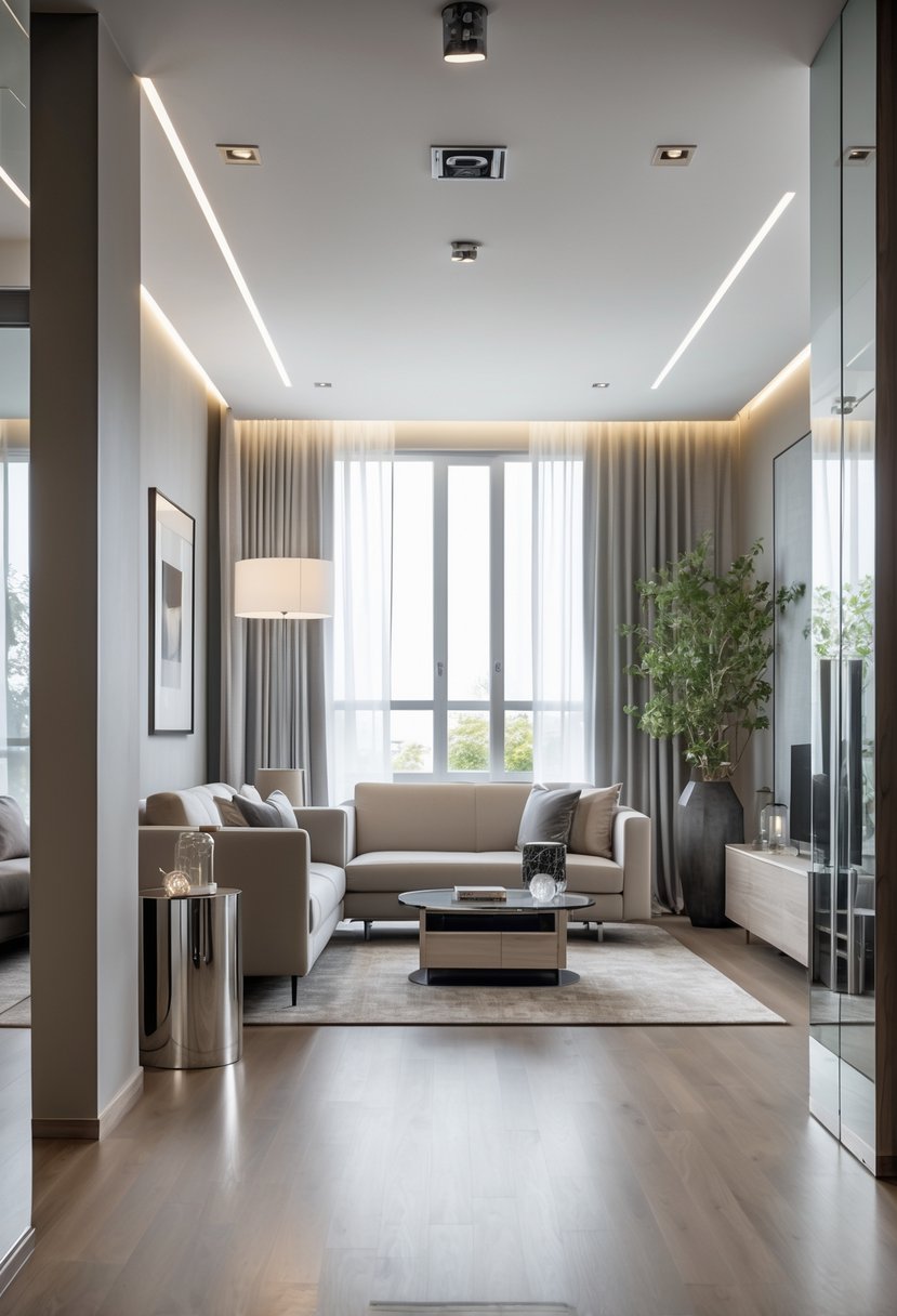 A modern living room with metal accents and matte surfaces, featuring a sofa, tables, large windows, and decorative plants.