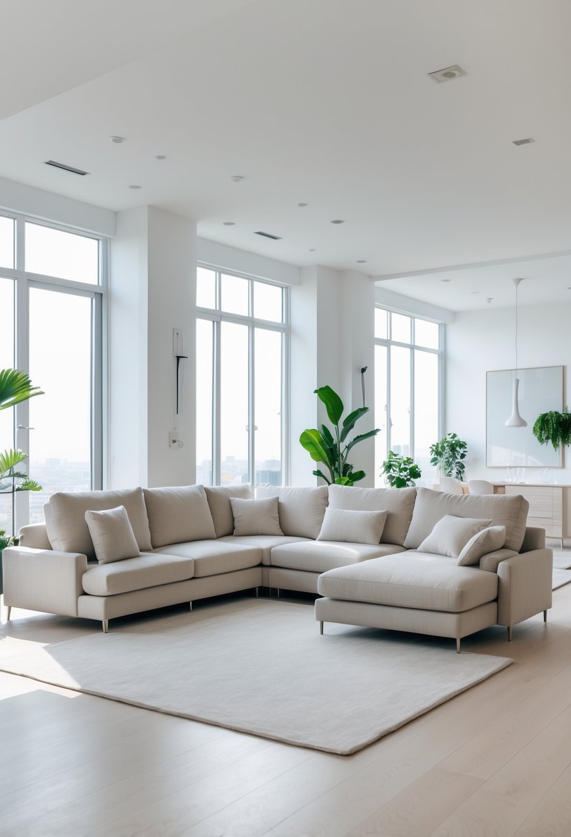 A bright living room with a low-profile L-shaped sofa, hardwood floors, a coffee table, and plants.