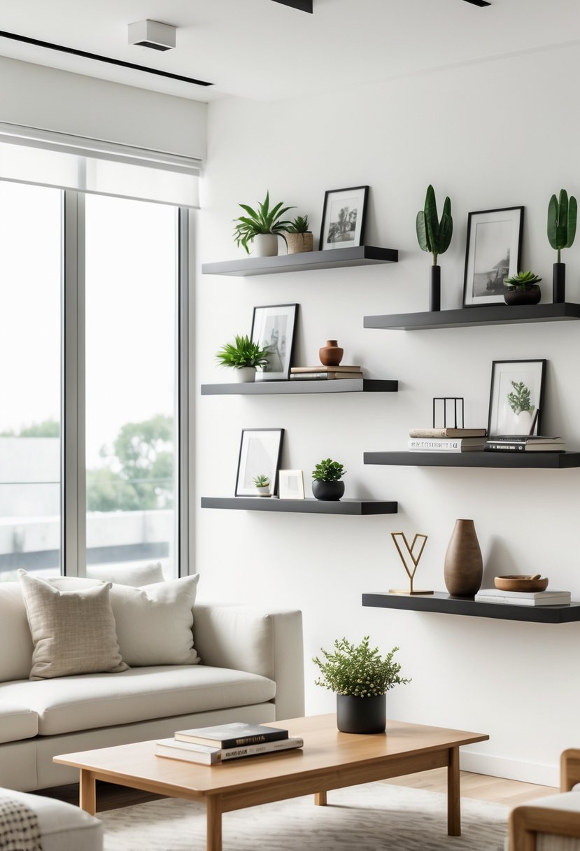 A modern living room with floating shelves displaying plants, books, and decorative items above a sofa and coffee table.