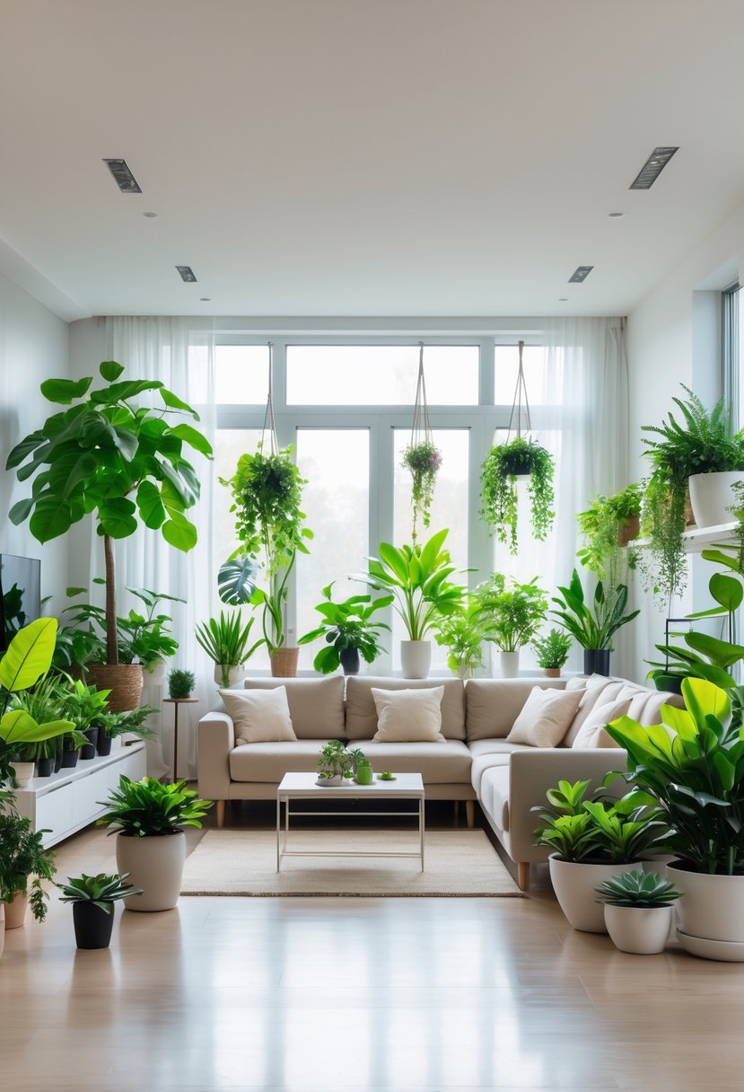 A modern living room with large windows, a sofa, and various indoor plants placed around the space.