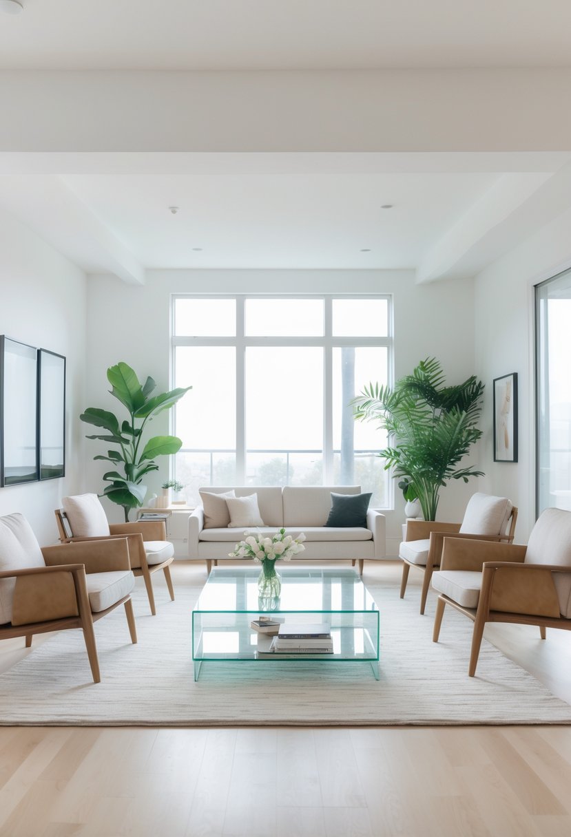 A spacious living room with a glass coffee table, sofa, chairs, plants, and large windows letting in natural light.