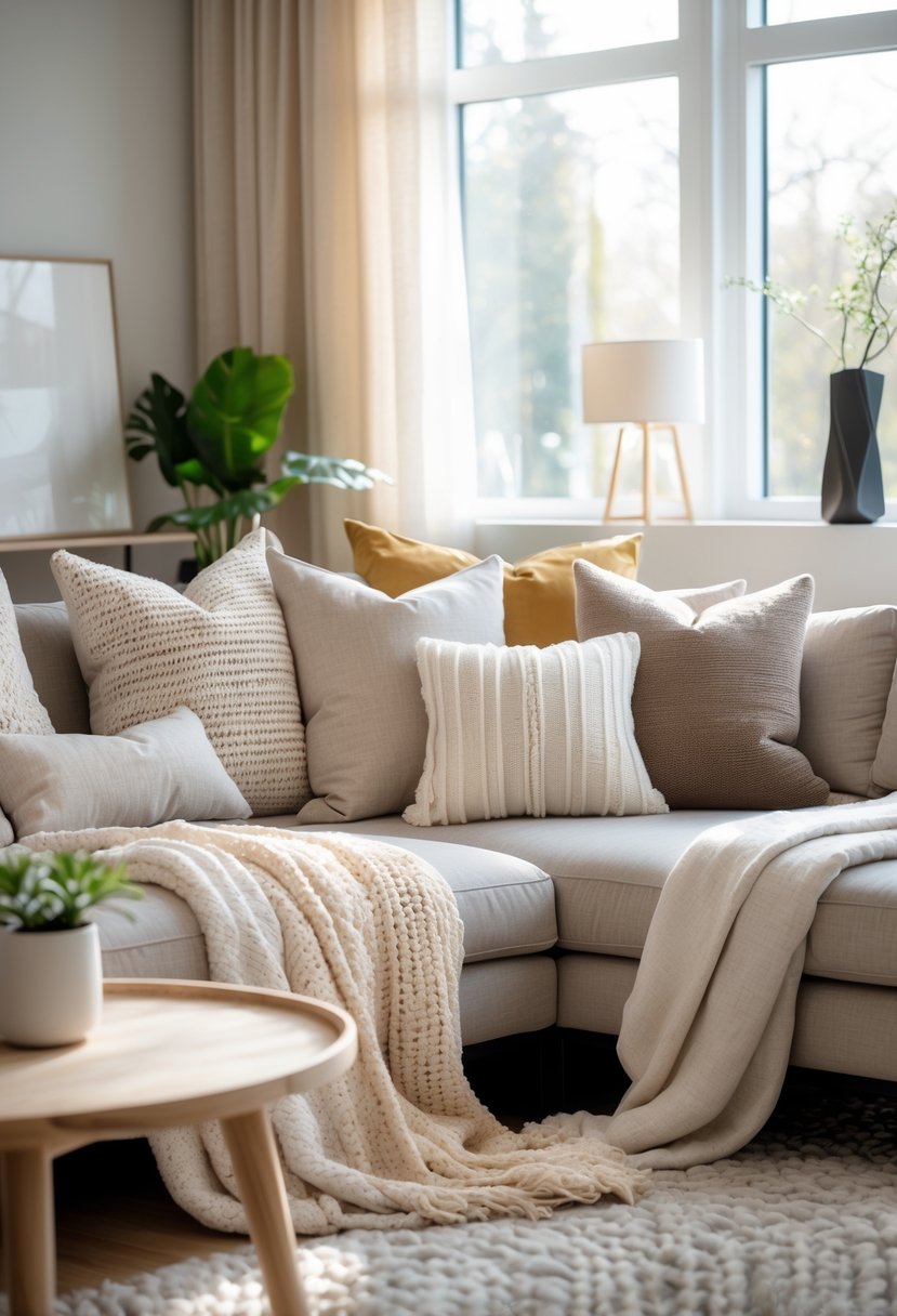 A modern living room with a sofa adorned with textured throw pillows and blankets, a coffee table with a plant, and natural light coming through large windows.