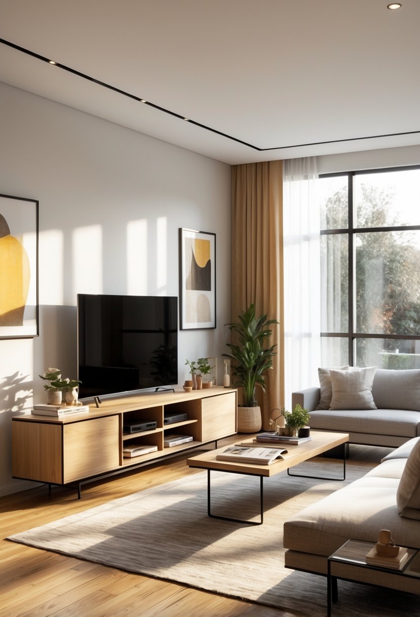 A modern living room with sleek media consoles, a sofa, coffee table, and large windows letting in natural light.