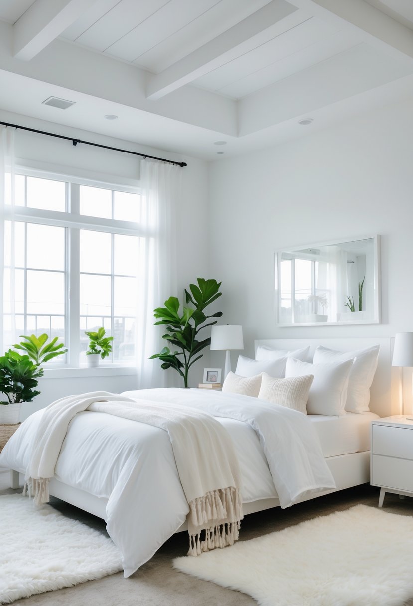 A bright bedroom with white walls, a large bed with white bedding, a nightstand with a lamp, and natural light coming through windows.