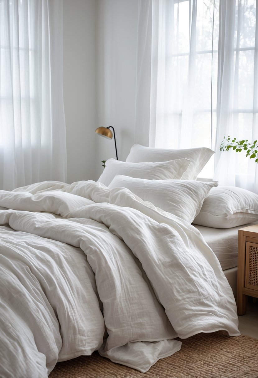 A bright bedroom with a bed made of layered white linen bedding and natural light coming through sheer curtains.