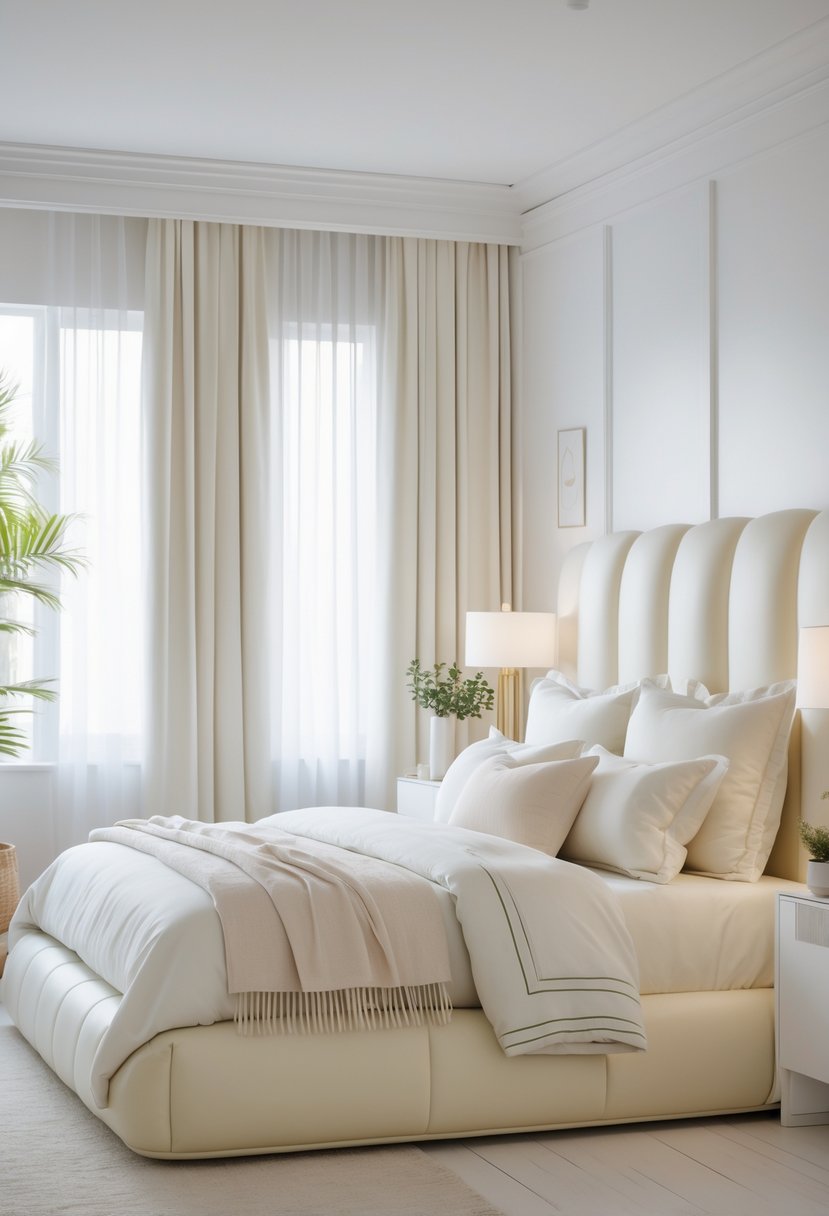 A bright bedroom with large cream-colored upholstered headboards, white bedding, and soft natural light.