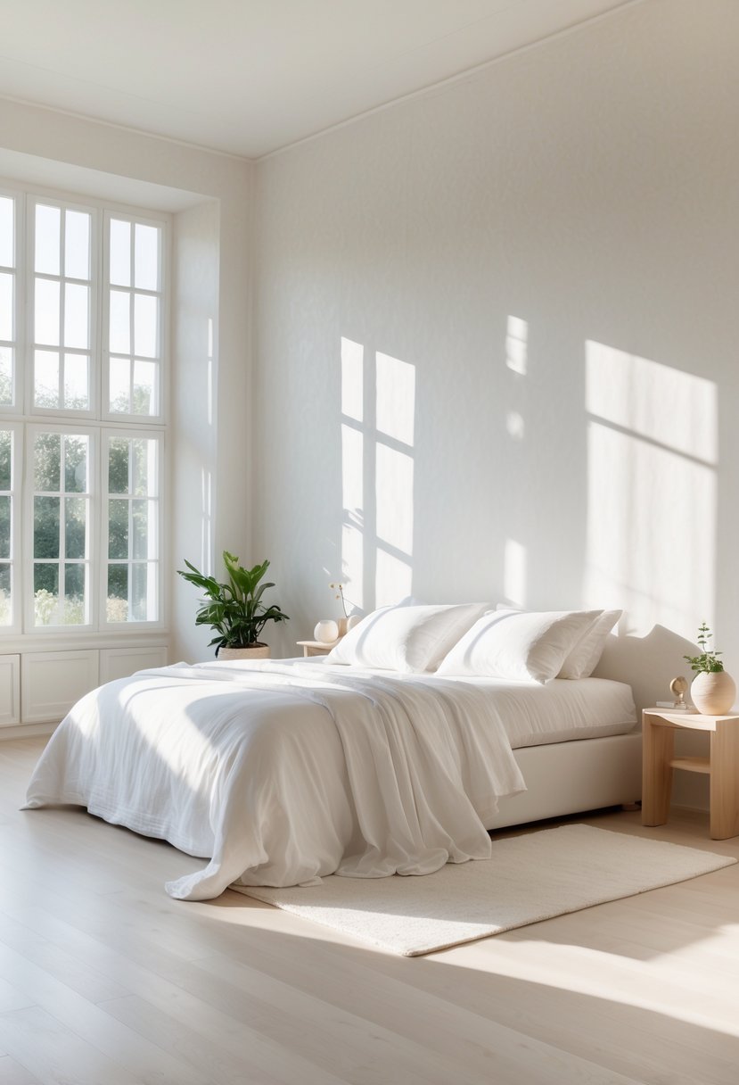 A white bedroom with plaster walls softly reflecting natural light, featuring a white bed and light wooden furniture.