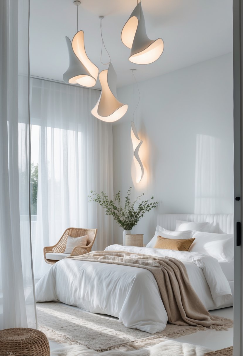 A bright white bedroom with sculptural pendant lights hanging above the bed.