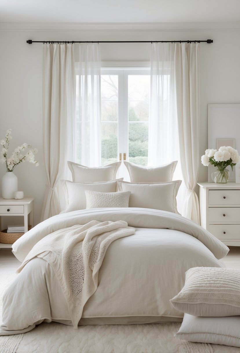 A bright bedroom with a bed dressed in soft off-white linens, light wooden furniture, sheer curtains, and a vase of white flowers.