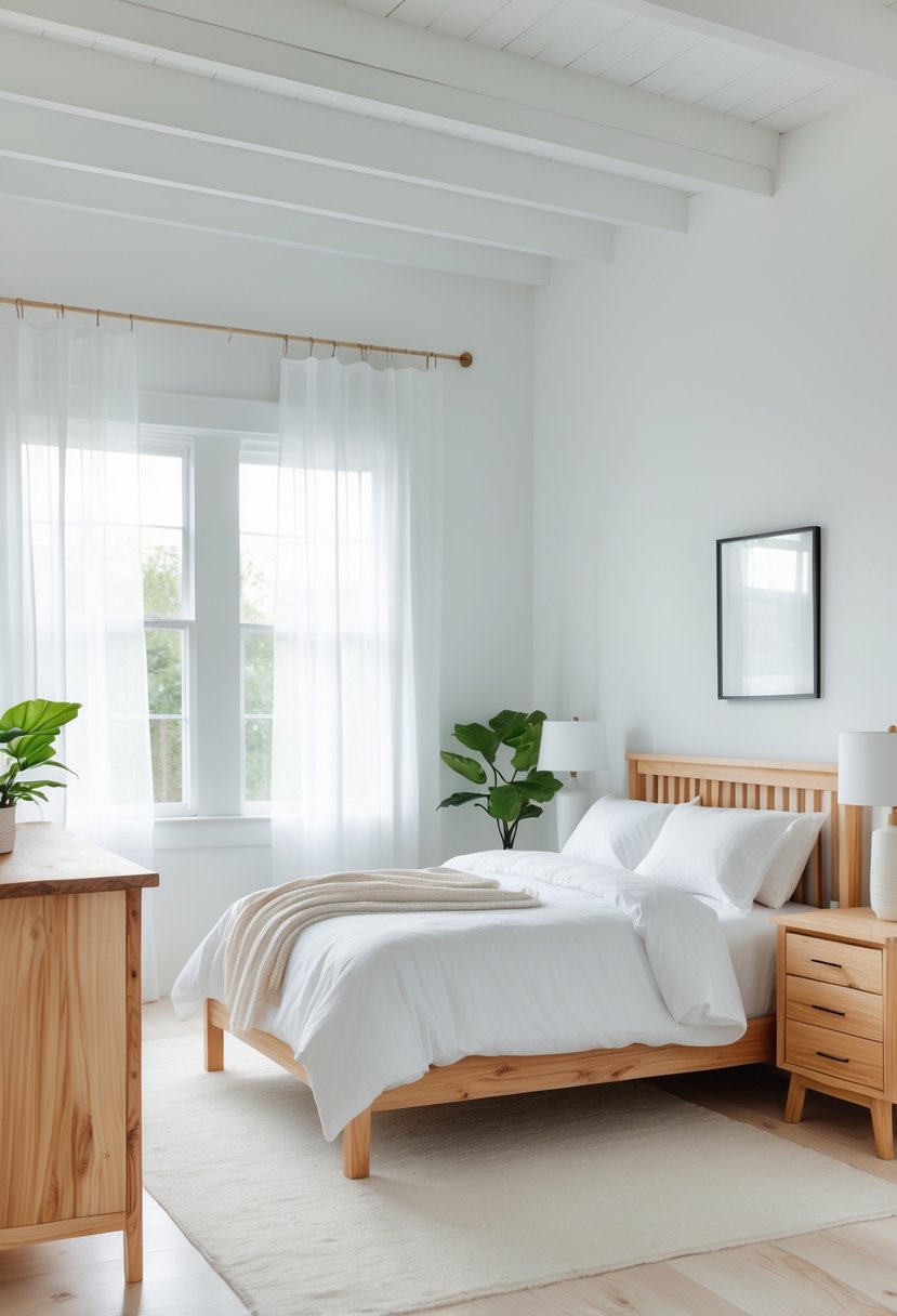 A bright bedroom with natural wood furniture and white walls and bedding.