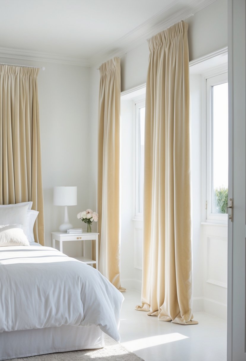 A white bedroom with cream-colored velvet curtains, a bed with white linens, and natural light coming through the window.