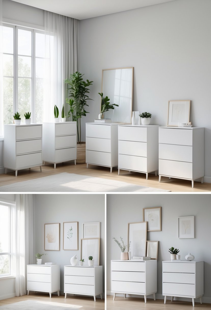 A bright bedroom with multiple white dressers arranged neatly against light walls, featuring natural light and simple decor.
