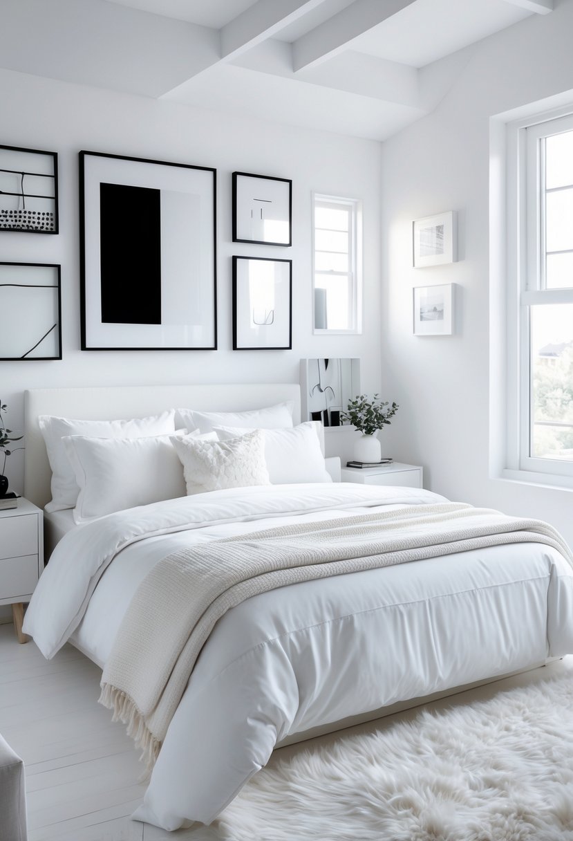 A bright white bedroom with white furniture and bedding, featuring a black and white framed artwork on the wall.