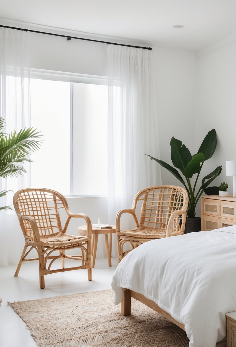 A white bedroom with woven rattan chairs near a window, featuring a bed with white linens and green plants.