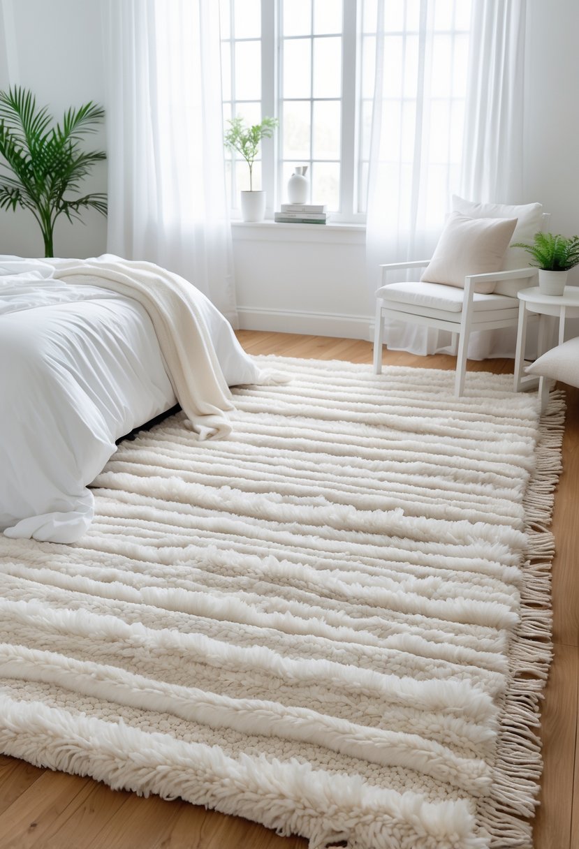 A bright bedroom with white rugs on wooden floors, a neatly made bed, and natural light coming through large windows.