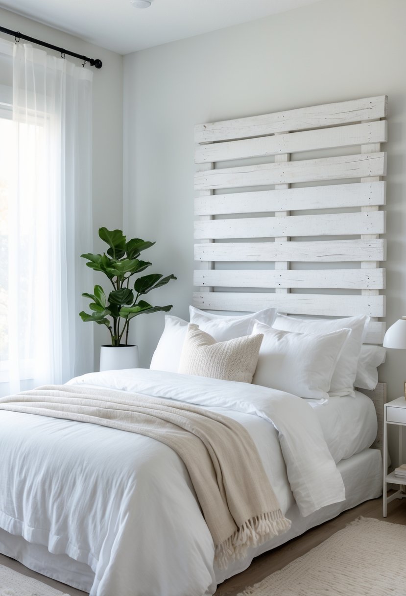 A bedroom with a whitewashed wooden headboard, white bedding, a bedside table with a lamp, and a potted plant near a window with sheer curtains.