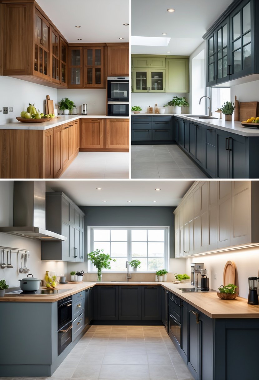 A spacious kitchen interior displaying fourteen different kitchen cabinet designs arranged along walls and an island.