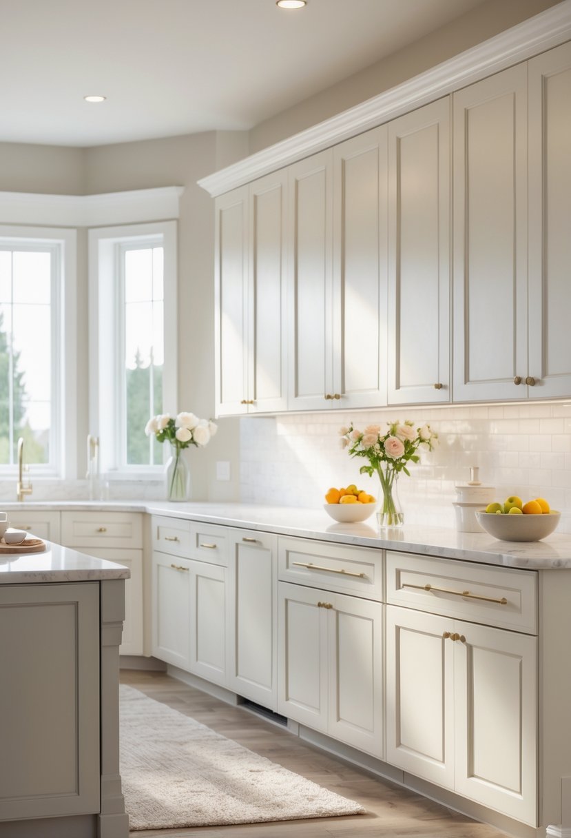 A bright kitchen with multiple shaker-style cabinets, a kitchen island, and natural light coming through large windows.
