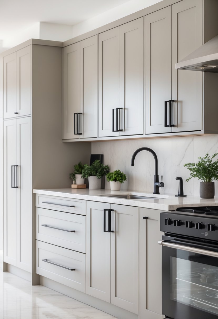 A modern kitchen with fourteen cabinets featuring matte black handles and knobs, bright lighting, and a clean countertop.