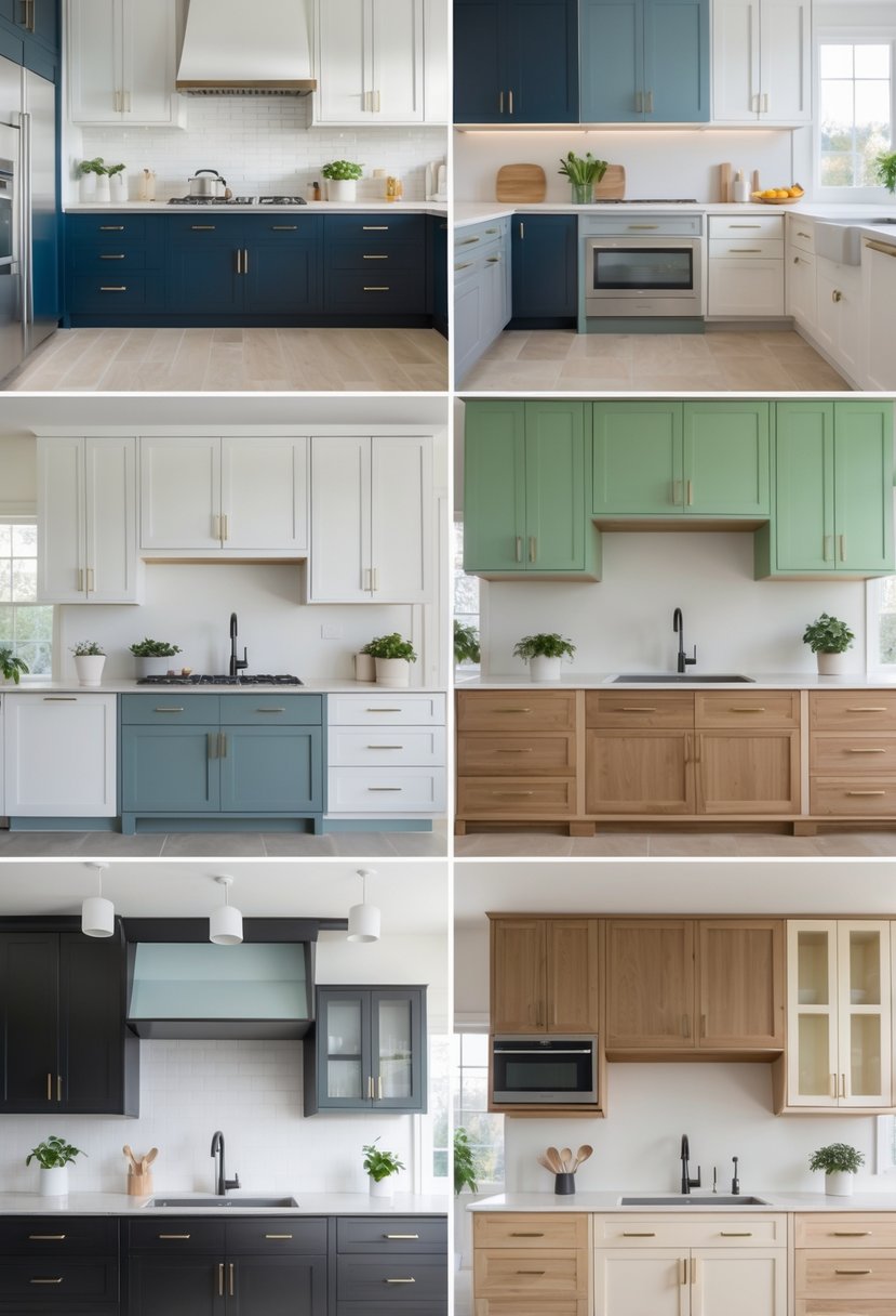 A spacious kitchen displaying fourteen sets of two-tone cabinets in various colors and styles, with natural light and modern kitchen elements.