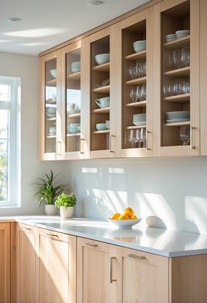 A kitchen with glass-front upper cabinets displaying dishes and glasses, with a clean countertop and natural light.